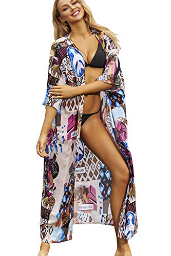 L-Peach Damen Baumwolle Böhmen Kimono Langes Kleid Pareos Strandkleid Bikini Cover Ups von L-Peach