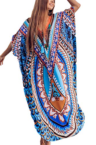 L-Peach Damen Baumwolle Kaftan Langes Kleid Maxi Strandkleid Bikini Coverups One Size von L-Peach