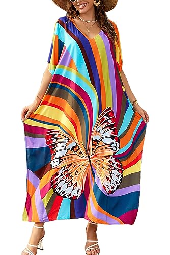 L-Peach Damen Baumwolle Kaftan Langes Kleid Maxi Strandkleid Bikini Coverups One Size von L-Peach