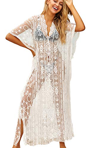 L-Peach Damen Baumwolle Kaftan Langes Kleid Maxi Strandkleid Bikini Coverups One Size von L-Peach