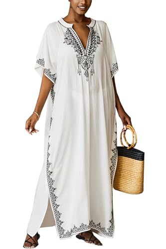 L-Peach Damen Baumwolle Kaftan Langes Kleid Maxi Strandkleid Bikini Coverups One Size von L-Peach