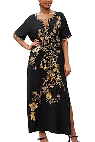 L-Peach Damen Baumwolle Kaftan Loungewear Boho Homewear Oversized Kimono Maxi Strandkleid Cover Ups Robe, G Black Embroidery 2, Einheitsgröße von L-Peach