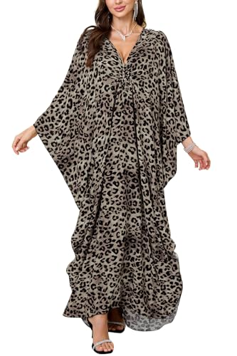 L-Peach Damen Baumwolle Leopardenmuster Kimono Pareos Strandkleid Bikini Cover Ups von L-Peach