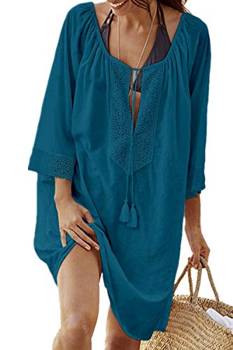 L-Peach Damen Bikini Cover Up Sommer Lose Baumwolle Spitze Tunika Langes Shirt Überwurf Baumwolle Strandkleid Sommerkleid One Size von L-Peach