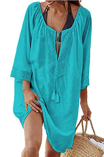 L-Peach Damen Bikini Cover Up Sommer Lose Baumwolle Spitze Tunika Langes Shirt Überwurf Baumwolle Strandkleid Sommerkleid One Size von L-Peach