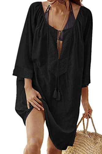 L-Peach Damen Bikini Cover Up Sommer Lose Baumwolle Spitze Tunika Langes Shirt Überwurf Baumwolle Strandkleid Sommerkleid One Size von L-Peach