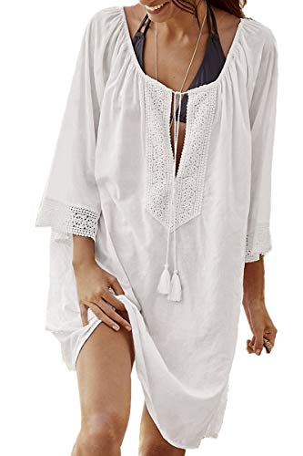 L-Peach Damen Bikini Cover Up Sommer Lose Baumwolle Spitze Tunika Langes Shirt Überwurf Baumwolle Strandkleid Sommerkleid One Size von L-Peach