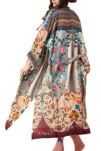 L-Peach Damen Blumendruck Kimono Langes Kleid Strandkleid Pareo Cover ups One Size von L-Peach