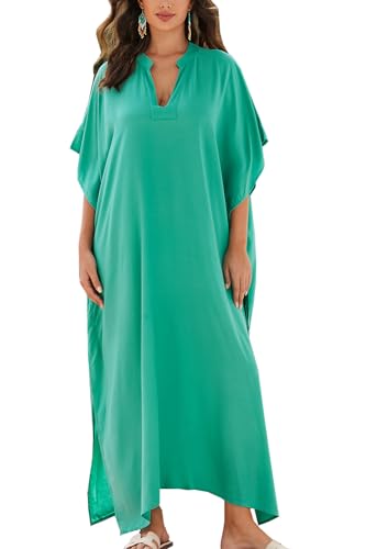 L-Peach Damen Blumenstickerei Kimono Langes Kleid Maxi Kaftan Sommer Strand Boho Cover Up Tops, A Forest Green, Einheitsgröße von L-Peach