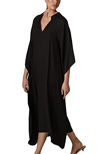 L-Peach Damen Blumenstickerei Kimono Langes Kleid Maxi Kaftan Sommer Strand Boho Cover Up Tops, A Schwarz, Einheitsgröße von L-Peach