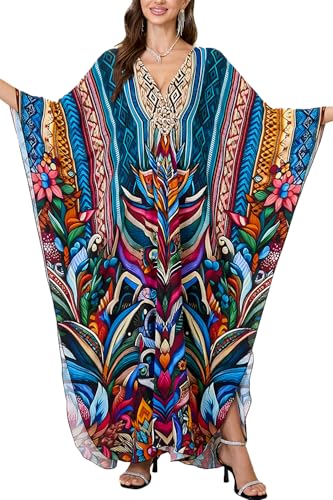 L-Peach Damen Bohemian Kaftan Geräumiges Nachthemd Langes Loungewear Strandkleid Vertuschungen Robe Sarong Pareo von L-Peach