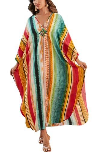 L-Peach Damen Bohemian Kaftan Maxi Loungewear Nachthemd Kimono Oversized Nachtwäsche Strandkleid Cover Ups, B Orange Grün, One size von L-Peach