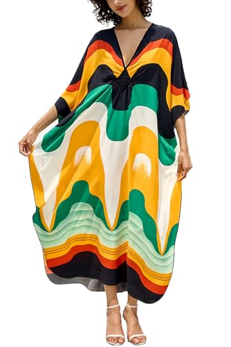 L-Peach Damen Bohemian Kaftan Maxi Loungewear Nachthemd Kimono Oversized Nachtwäsche Strandkleid Cover Ups, B1, mehrfarbig 2, Einheitsgröße von L-Peach