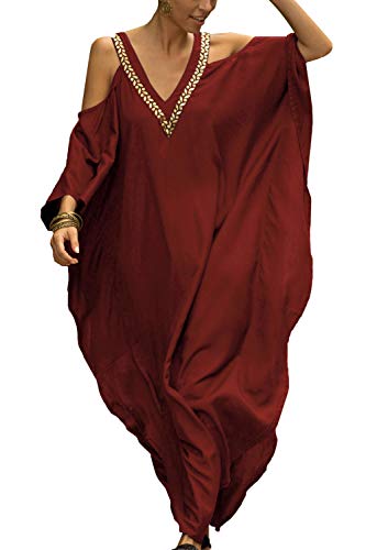 L-Peach Damen Bohemian Kaftan Rückenloses Nachthemd Schulterloses Loungewear Strandkleid Vertuschungen Sarong Pareo von L-Peach
