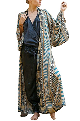 L-Peach Damen Boho Kimono Langarm Nachthemd Übergroße Loungewear Strandroben Vertuschungskleid Sarong Pareo von L-Peach