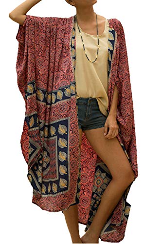 L-Peach Damen Boho Kimono Langarm Nachthemd Übergroße Loungewear Strandroben Vertuschungskleid Sarong Pareo von L-Peach