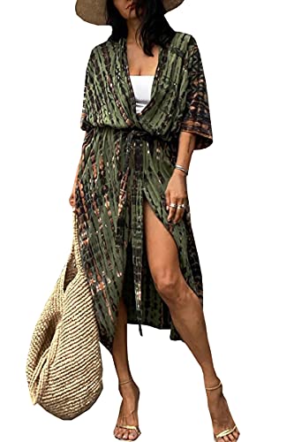 L-Peach Damen Boho Kimono Langes Nachthemd Übergroße Loungewear Strandroben Vertuschungskleid Sarong Pareo von L-Peach