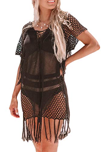 L-Peach Damen Crochet Bikini Cover up Sommer Häkeln Tunika Pareo Beachwear Strandkleid Sommerkleid von L-Peach