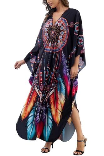 L-Peach Damen Ethnisch Drucken Loungewear Freizeitkleidung Nachtkleid Strandkleid Übergroß Kaftan Cover ups von L-Peach