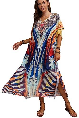 L-Peach Damen Ethnisch Drucken Loungewear Kaftan Freizeitkleidung Nachtkleid Strandkleid Übergroß Kaftan Cover ups von L-Peach