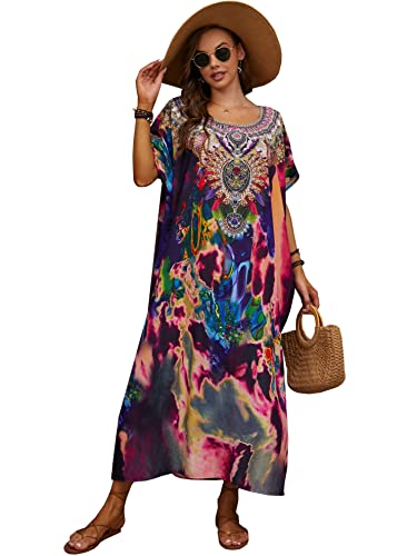 L-Peach Damen Ethnisch Drucken Loungewear Kaftan Freizeitkleidung Nachtkleid Strandkleid Übergroß Kaftan Cover ups von L-Peach