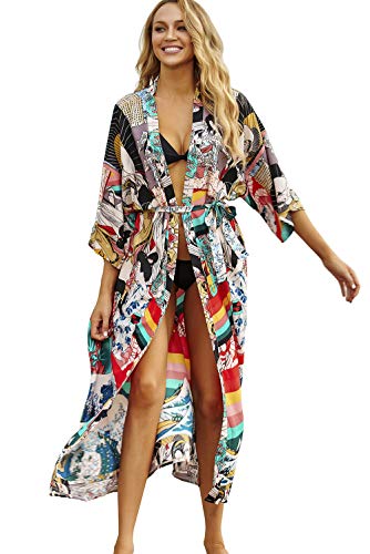 L-Peach Damen Schnelltrocknend Kimono Langes Kleid Pareos Strandkleid Bikini Cover Ups von L-Peach