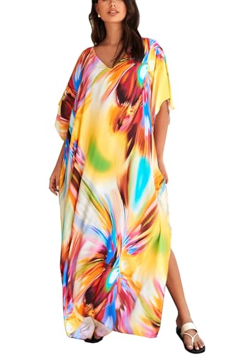 L-Peach Damen Sommer Ethnischer Druck Kaftan Maxi Langes Strandkleid Pareos Strandhemd Bademode Bikini Cover Ups von L-Peach