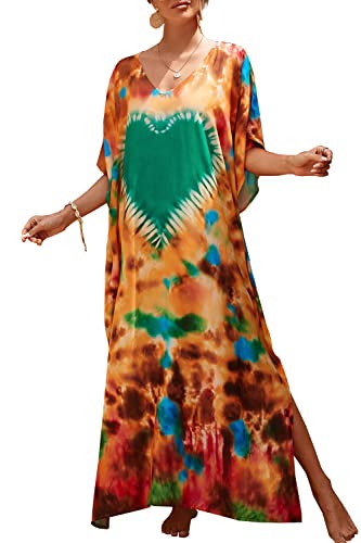 L-Peach Damen Sommer Ethnischer Druck Kaftan Maxi Langes Strandkleid Pareos Strandhemd Bademode Bikini Cover Ups von L-Peach