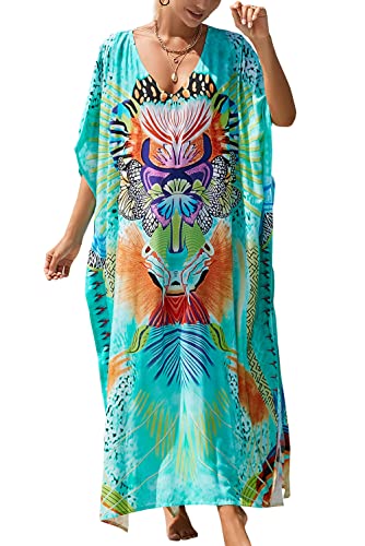 L-Peach Damen Sommer Ethnischer Druck Kaftan Maxi Langes Strandkleid Pareos Strandhemd Bademode Bikini Cover Ups von L-Peach
