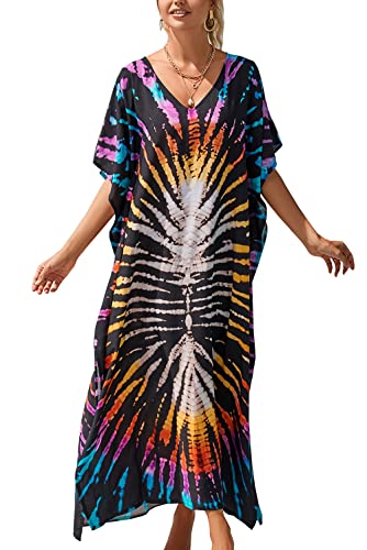 L-Peach Damen Sommer Ethnischer Druck Kaftan Maxi Langes Strandkleid Pareos Strandhemd Bademode Bikini Cover Ups von L-Peach