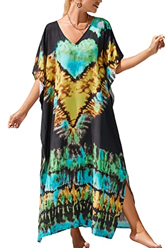 L-Peach Damen Sommer Ethnischer Druck Kaftan Maxi Langes Strandkleid Pareos Strandhemd Bademode Bikini Cover Ups von L-Peach