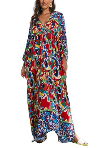 L-Peach Damen Sommer Lang Ethnisch Print Strandkleid Kimono Maxi Kaftan Cover Ups, A1, Rot, Grün, Einheitsgröße von L-Peach