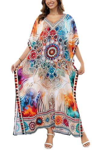 L-Peach Damen Sommer Lang Ethnisch Print Strandkleid Kimono Maxi Kaftan Cover Ups, A1, mehrfarbig 2, Einheitsgröße von L-Peach