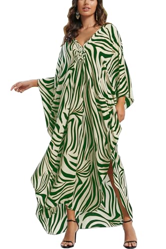 L-Peach Damen Sommer Lang Ethnisch Print Strandkleid Kimono Maxi Kaftan Cover Ups, A1 Grün, Einheitsgröße von L-Peach
