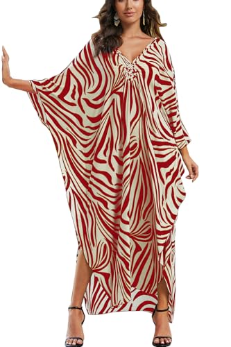 L-Peach Damen Sommer Lang Ethnisch Print Strandkleid Kimono Maxi Kaftan Cover Ups, A1 Rot, Einheitsgröße von L-Peach