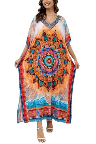 L-Peach Damen Sommer Lang Ethno Print Strandkleid Kimono Maxi Kaftan Cover Ups, A1, mehrfarbig, 3, One size von L-Peach