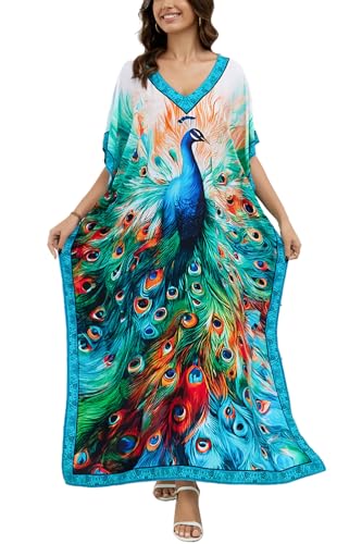 L-Peach Damen Sommer Lang Ethno Print Strandkleid Kimono Maxi Kaftan Cover Ups, A1 Blauer Pfau, One size von L-Peach