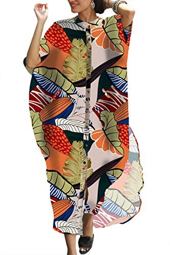 L-Peach Damen Sommer Long Ethnic Print Strandkleid Kimono Maxi Kaftan Vertuschungen von L-Peach