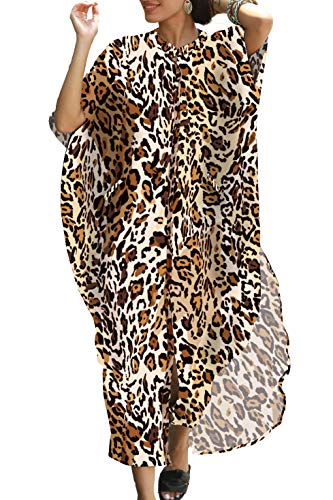 L-Peach Damen Sommer Long Ethnic Print Strandkleid Kimono Maxi Kaftan Vertuschungen von L-Peach