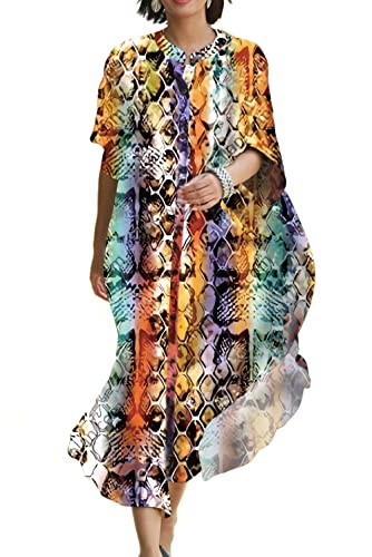 L-Peach Damen Sommer Long Ethnic Print Strandkleid Kimono Maxi Kaftan Vertuschungen von L-Peach