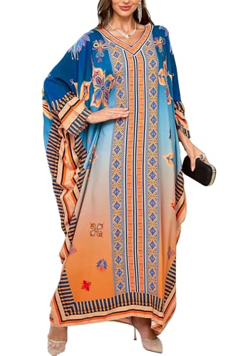 L-Peach Damen Sommer Long Ethnic Print Strandkleid Kimono Maxi Kaftan Vertuschungen von L-Peach