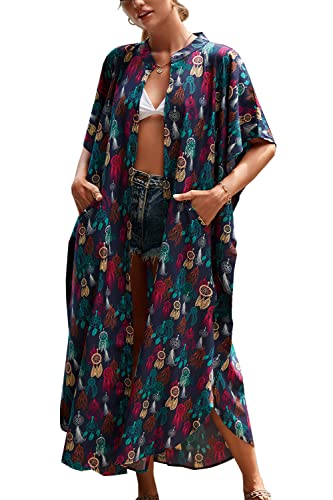 L-Peach Damen Sommer Long Ethnic Print Strandkleid Kimono Maxi Kaftan Vertuschungen von L-Peach