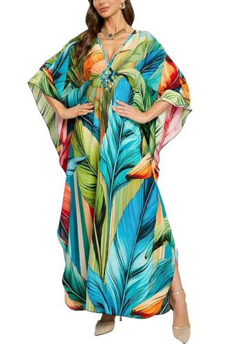 L-Peach Damen Sommer Long Ethnic Print Strandkleid Kimono Maxi Kaftan Vertuschungen von L-Peach