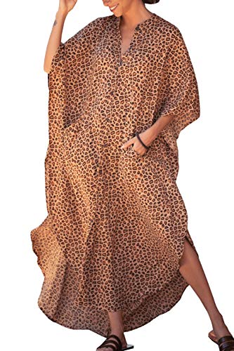 L-Peach Damen Sommer Long Ethnic Print Strandkleid Kimono Maxi Kaftan Vertuschungen von L-Peach