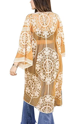 L-Peach Damen Spitze Blumen Langes Kleid Strandkleid Pareo Kimono Cover ups One Size von L-Peach