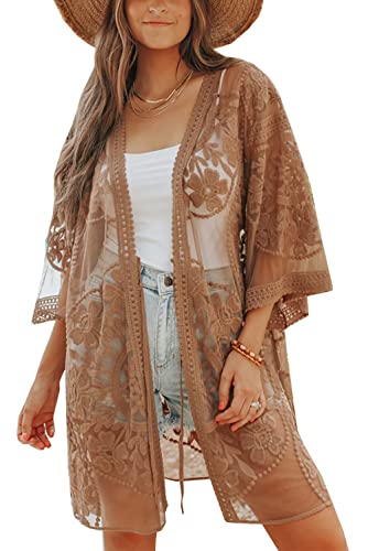 L-Peach Damen Spitze Blumen Langes Kleid Strandkleid Pareo Kimono Cover ups One Size von L-Peach