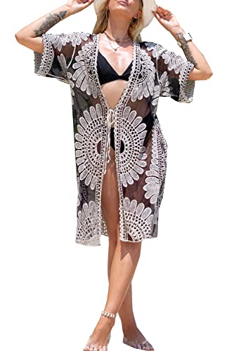 L-Peach Damen Spitze Blumen Langes Kleid Strandkleid Pareo Kimono Cover ups One Size von L-Peach