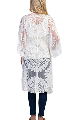 L-Peach Damen Spitze Blumen Langes Kleid Strandkleid Pareo Kimono Cover ups One Size von L-Peach