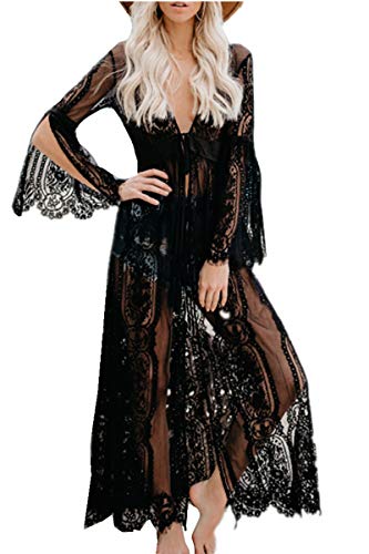 L-Peach Damen Spitze Blumen Langes Kleid Strandkleid Pareo Kimono Cover ups One Size von L-Peach