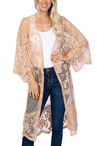 L-Peach Damen Spitze Blumen Langes Kleid Strandkleid Pareo Kimono Cover ups One Size von L-Peach